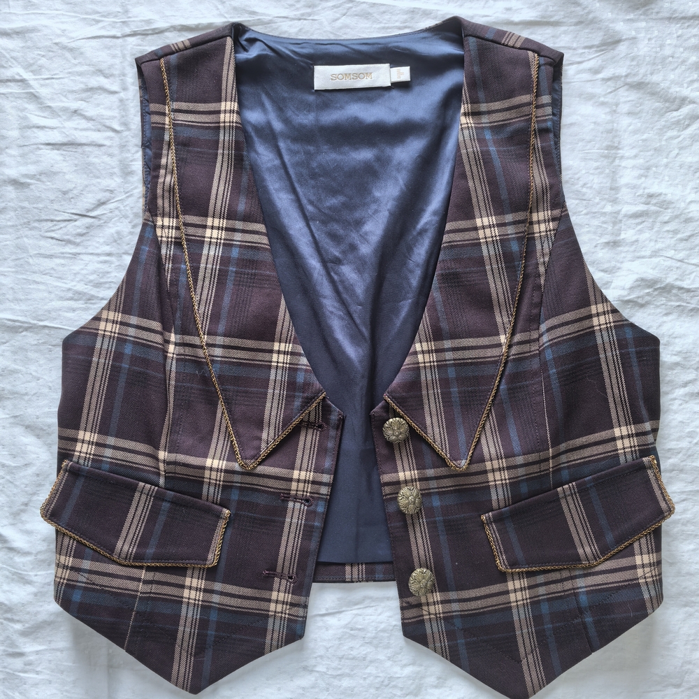 Plaid Vest with Gold Buttons